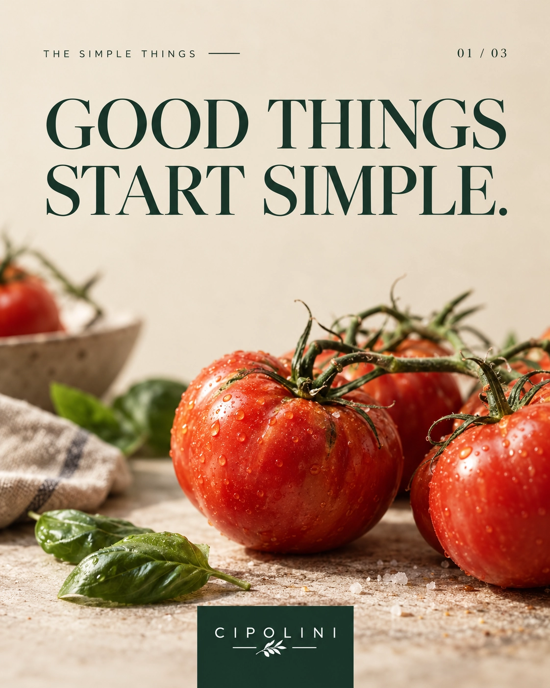 Fresh vine tomatoes with basil and sea salt on a stone counter