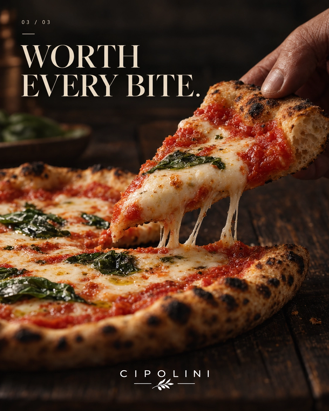 Slice lifted from a bubbling cheese and basil pizza