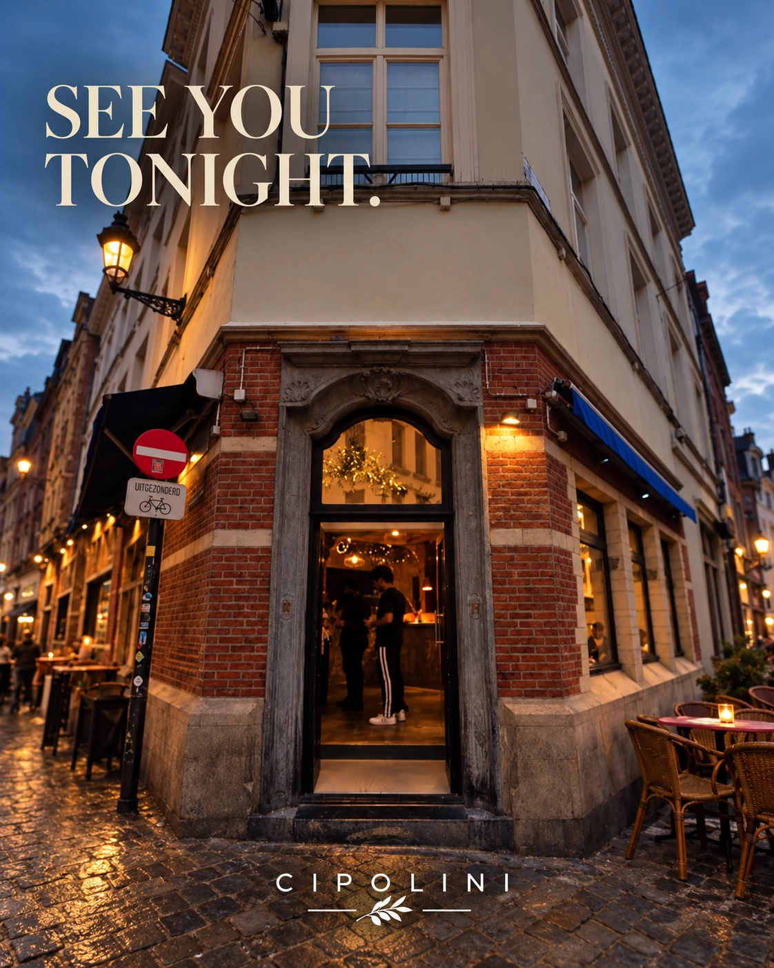 Cipolini storefront on a cobbled Brussels street at dusk